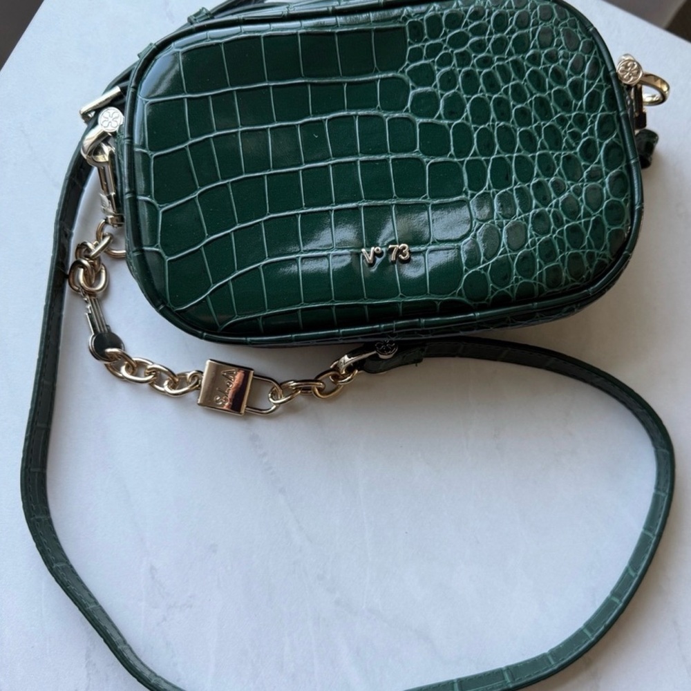 V73 Italian Designer Green Croc-Embossed Crossbody Bag